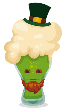 Happy beer with ginger beard, foam and top hat to celebrate Saint Patrick's Day. Character in cartoon style over white background.のイラスト素材