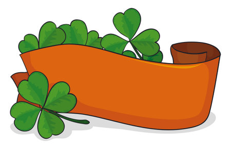 Irish design with blank ribbon in orange color decorated with green shamrocks. Template in cartoon style.のイラスト素材