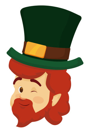 Winking Leprechaun face with ginger beard and hair, wearing a green top hat. Design in cartoon style over white background.のイラスト素材