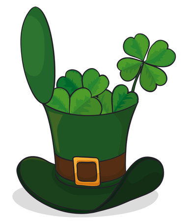 Green top hat with opened flat crown and clovers inside. Object in cartoon style over white background.のイラスト素材