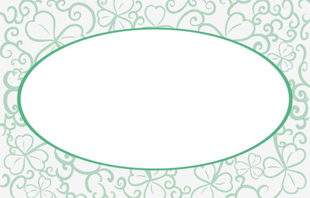 Template with frame and blank oval, clovers and vines in green outlines on the background.のイラスト素材