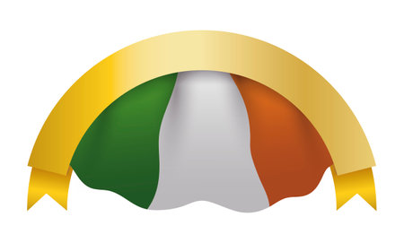 Template with gold curved ribbon over waving Irish flag. Gradient effect design.のイラスト素材