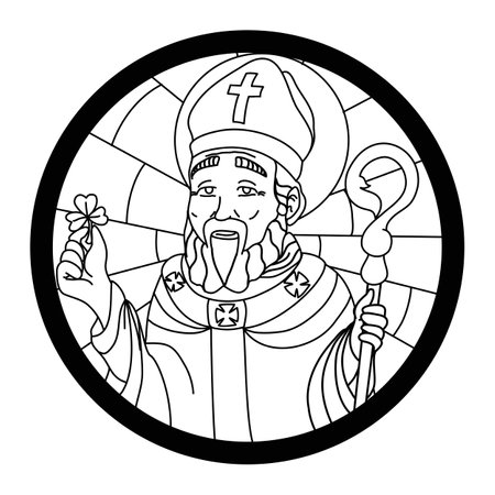 Portrait of Saint Patrick inside circle like stained glass. Illustration in outlines for coloring.のイラスト素材