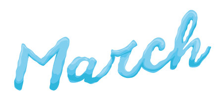 Blue March word with tilted, watery effect in cartoon style over white background.のイラスト素材