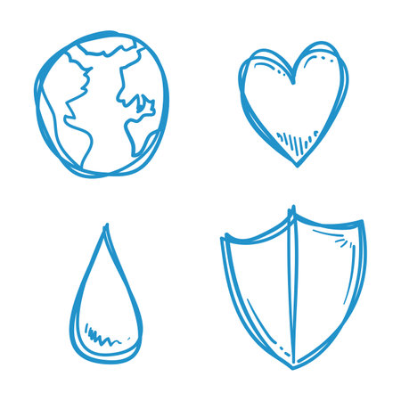 Group of objects in doodle style and blue outlines of globe, heart, water drop and shield.のイラスト素材