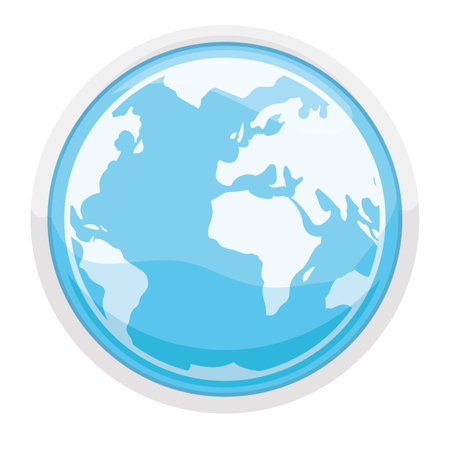 Isolated round badge with silver frame, pale blue interior and globe silhouette inside in gradient effect.のイラスト素材
