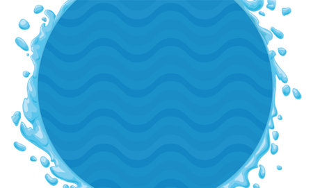 Blue template with round label decorated with wave pattern and water splashes in cartoon style.のイラスト素材