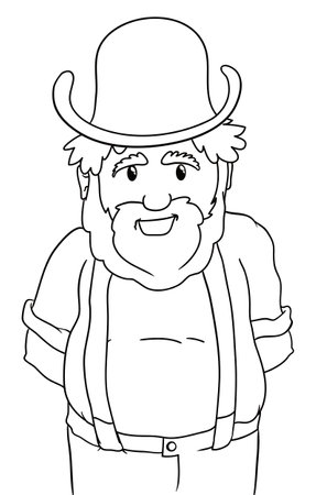Cheerful chubby peasant with beard, hat, shirt, trousers and suspenders. Design in outlines for coloring activities.のイラスト素材
