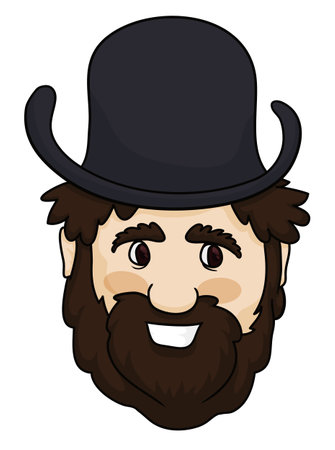 Happy face of bearded man with a black bowler hat in cartoon style.のイラスト素材