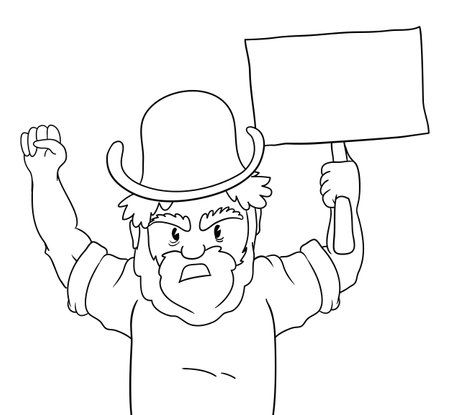 Angry worker with beard, hat, raised fist and the other arm holding a blank banner for a protest. Template in retro style and outlines for coloring.のイラスト素材