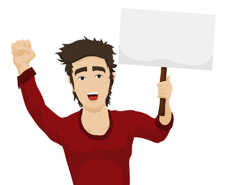 Template design with young man with red shirt, raised fist and protesting gesture while holds a blank placard.のイラスト素材