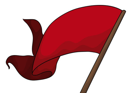 Waving long red ribbon with wooden flagpole. Template design in cartoon style on white background.