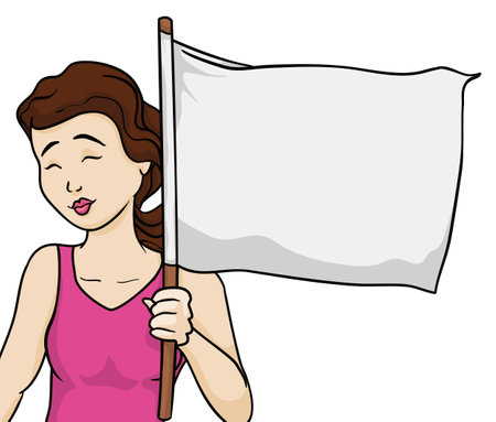 Pretty brunette woman holding a wooden flagpole and blank banner. Template in cartoon style.のイラスト素材