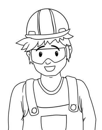 Young worker with helmet, safety glasses and bib overalls. Portrait in outlines for coloring.のイラスト素材