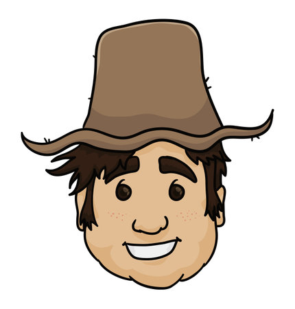 Smiling face of chubby brunette peasant with straw hat. Cartoon style design on white background.のイラスト素材