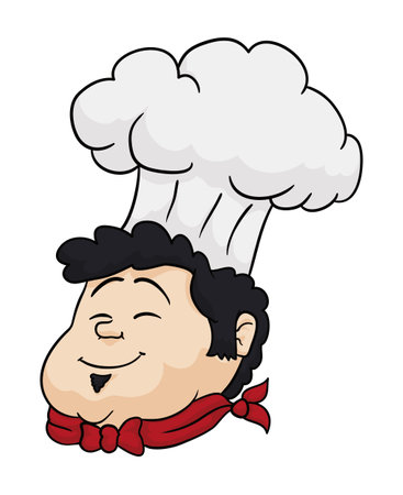 Smiling head of chubby cook with red neckerchief and tall chef's hat in carton style.のイラスト素材
