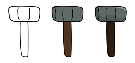 Three variations of hammers, one in outlines for coloring, the other in flat colors and the last one in cartoon style..のイラスト素材