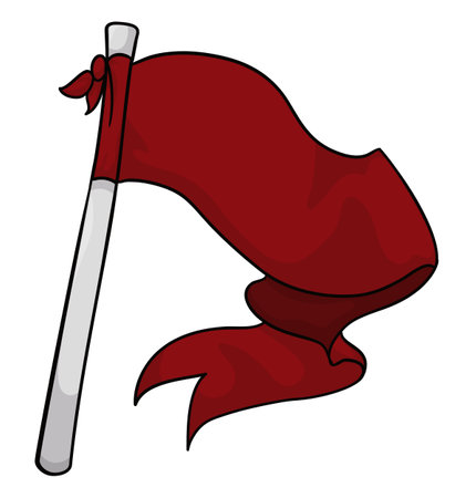 Long red fabric like a waving flag with silver flagpole. Isolated design in cartoon style.のイラスト素材