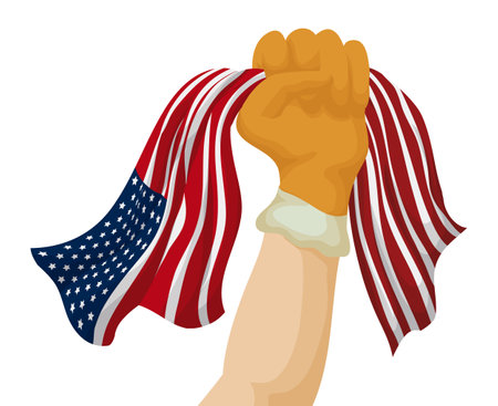 Raised fist wearing a work glove while holding an American flag. Cartoon style design.のイラスト素材