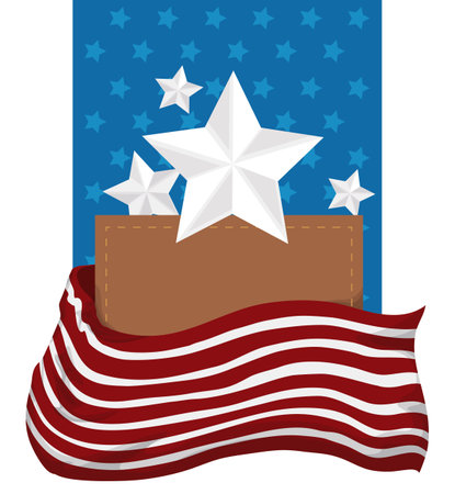 Patriotic template with American design, decorated with stripes, stars and brown sign with stitched frame.のイラスト素材