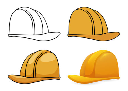 Set with four versions of hard hat: one in outlines for coloring, other in flat colors, cartoon style and the last one in gradient effect.のイラスト素材