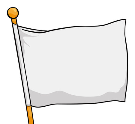 Waving white flag with gold flagpole. Template design in cartoon style and outlines.のイラスト素材