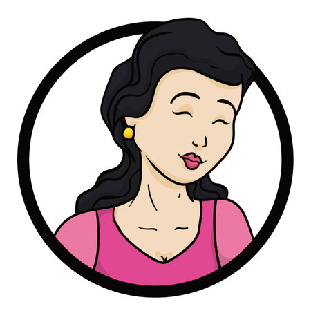 Portrait of beautiful woman with long black hair and pink dress, inside round button. Design in cartoon style over white background.のイラスト素材