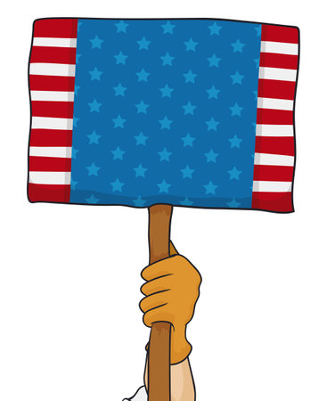 Worker hand with work glove holding a placard with American design, Vector illustrationのイラスト素材