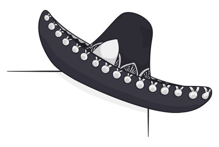 Cartoon style design with black mariachi hat with silver ornaments on white background.のイラスト素材