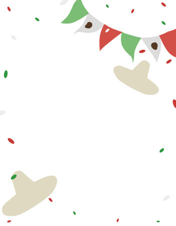 Template for a Mexican party with charro hats, buntings and confetti in flat colors.のイラスト素材