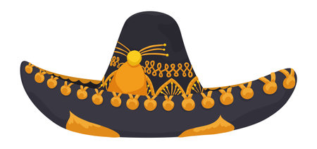 Black mariachi hat decorated with gold badge and embroidery, in cartoon style on white background.のイラスト素材