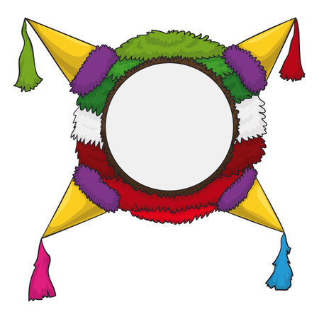 Traditional and colorful pinata with blank space on a round button. Cartoon style design on white background.のイラスト素材
