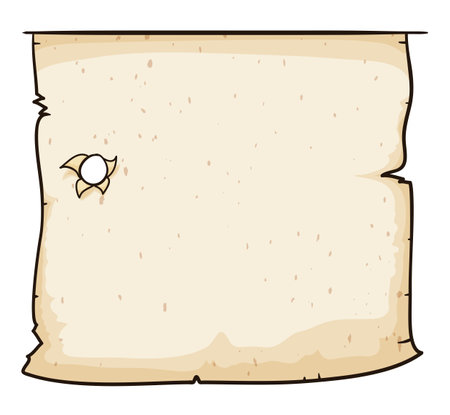 Aged scroll paper with torn edges and bullet hole. Template design in cartoon style on white background.のイラスト素材