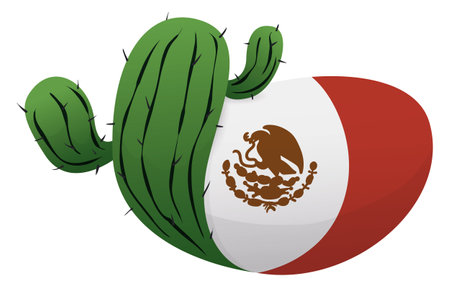 Sign like Mexican flag completed with cactus and the coat of arms in silhouette. Isolated design with gradient effect.のイラスト素材