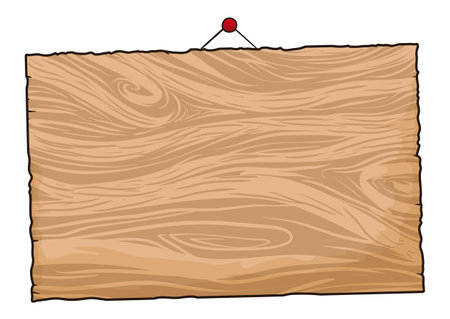Template with a wooden sign hanging from a string with thumbtack. Cartoon style design on white background.のイラスト素材