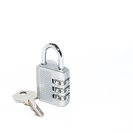 Iron Security Lock With Key On Isolated White Background