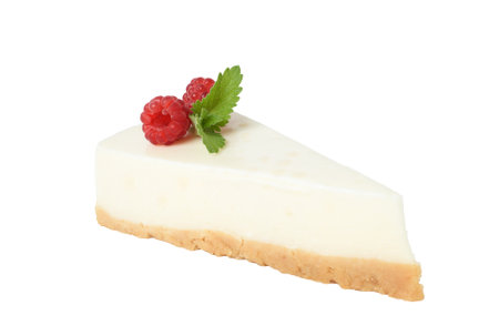 Piece of cheesecake with raspberries and mint. Isolate on a white background.の写真素材