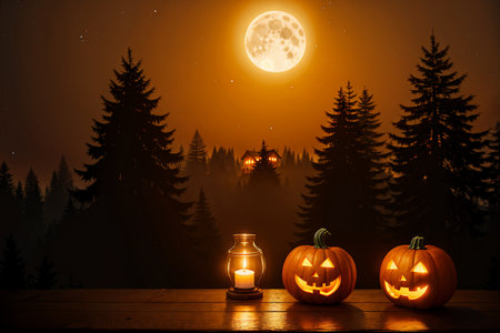 Generative AI illustration of Halloween night with two pumpkins and a candle on the wooden table among forestの素材