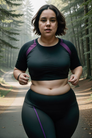 ai generated illustration of body positive woman jogging in the forestの素材