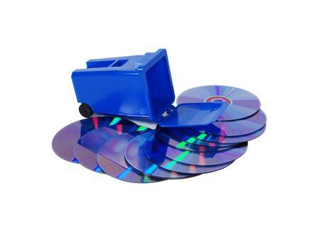 A couple of purple dvds with red interiors, Recycling bin used to collect items to be reused, Going...