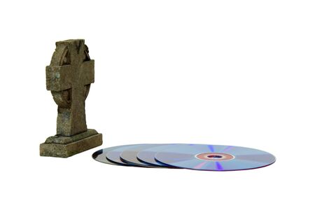 A couple of purple dvds with red interiors and a headstone in a cemetery