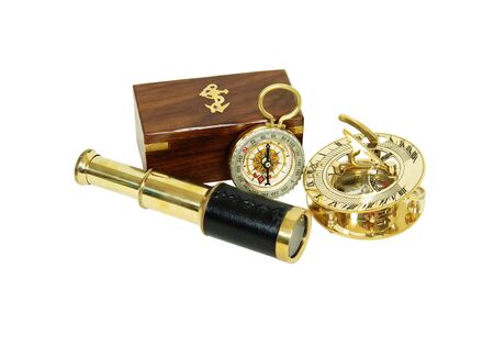 Telescope enhanced with leather, brass sundial, and compass for finding your way