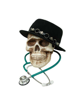 Fashionable black hat on a skull with a stethoscope show that the doctor is inの写真素材