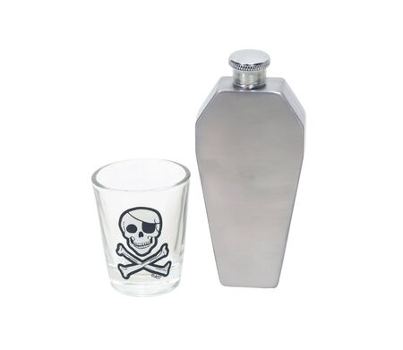 Silver coffin flask to transport liquor easily with a skull shot glassの写真素材