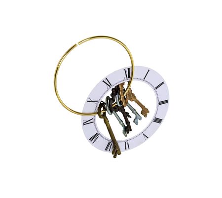 Keys representing unlocking an idea, treasure, love or time on a clock face