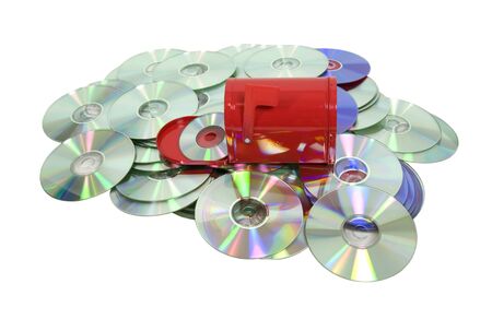 Red metal mailbox with signal flag on top of various disks of information