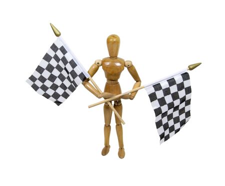 Model waving checkered flags that symbolize the finish line - includedの写真素材