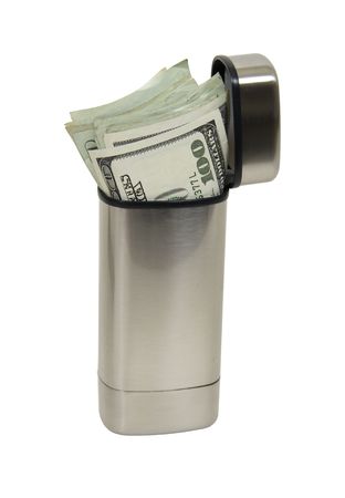Sleek small brushed silver container for storing a saved nest egg of money - includedの写真素材