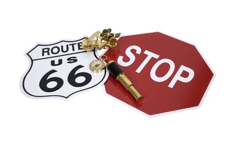 Getting directions shown by road signs, sextant, compass, and telescope の写真素材