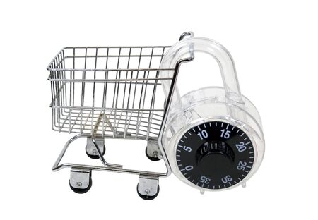 Secure shopping shown by a large padlock on a shopping cart - path includedの写真素材